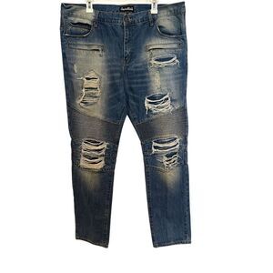 Embellish Men's Distressed Denim Faded Blue Jeans Straight Leg 42‎ x 33 Cotton